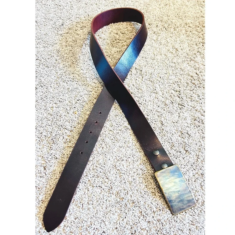 Artisan Hammered Metal Buckle Brown Leather Belt Iridescent Heat Treated Signed